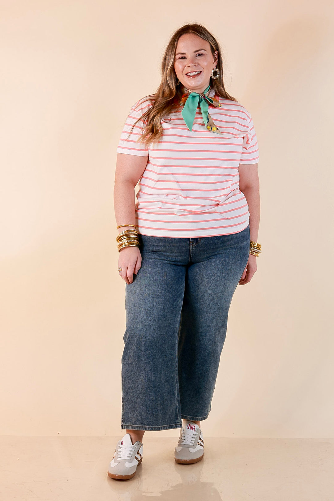 The Daily Stripe Scoop Neck Short Sleeve Striped Tee Top in Coral Orange