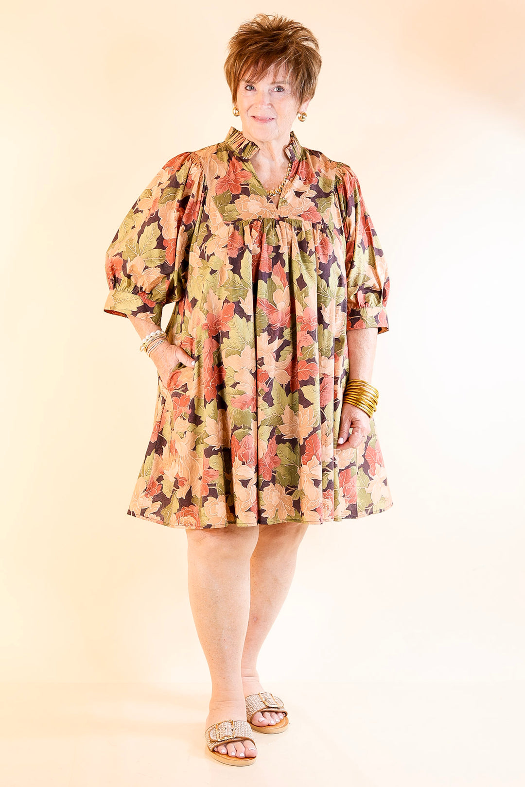 Endless Possibilities Floral Babydoll Dress with Puff Sleeves in Beige, Navy and Rust
