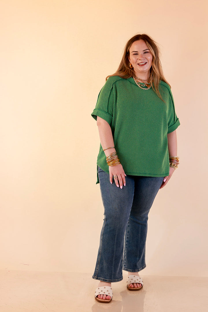 Daily Perfection Scoop Neck Short Sleeve Ribbed Top in Green