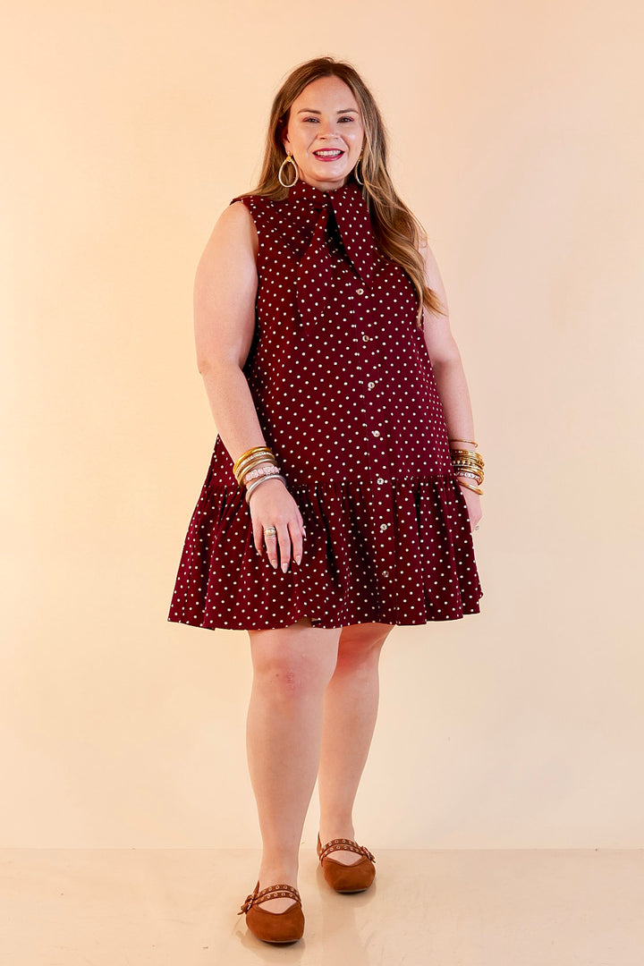 Sweet Spot Denim Polka Dot Bow Neck Tie Button Front Drop Waist Dress in Maroon