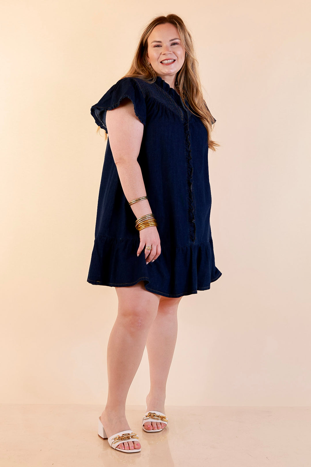 Day to Day Denim Smocked Yoke Dress with Ruffle Front and Flutter Sleeves in Dark Wash