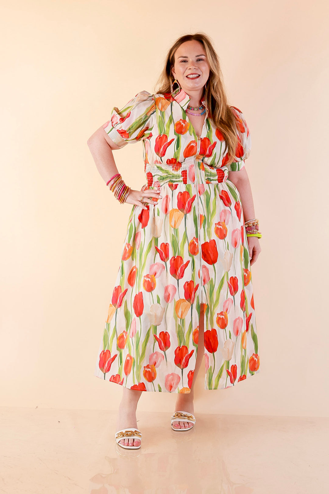 Modern Charm Zip Front Midi Tulip Print Dress with Smocked Waist and Short Sleeves in Cream