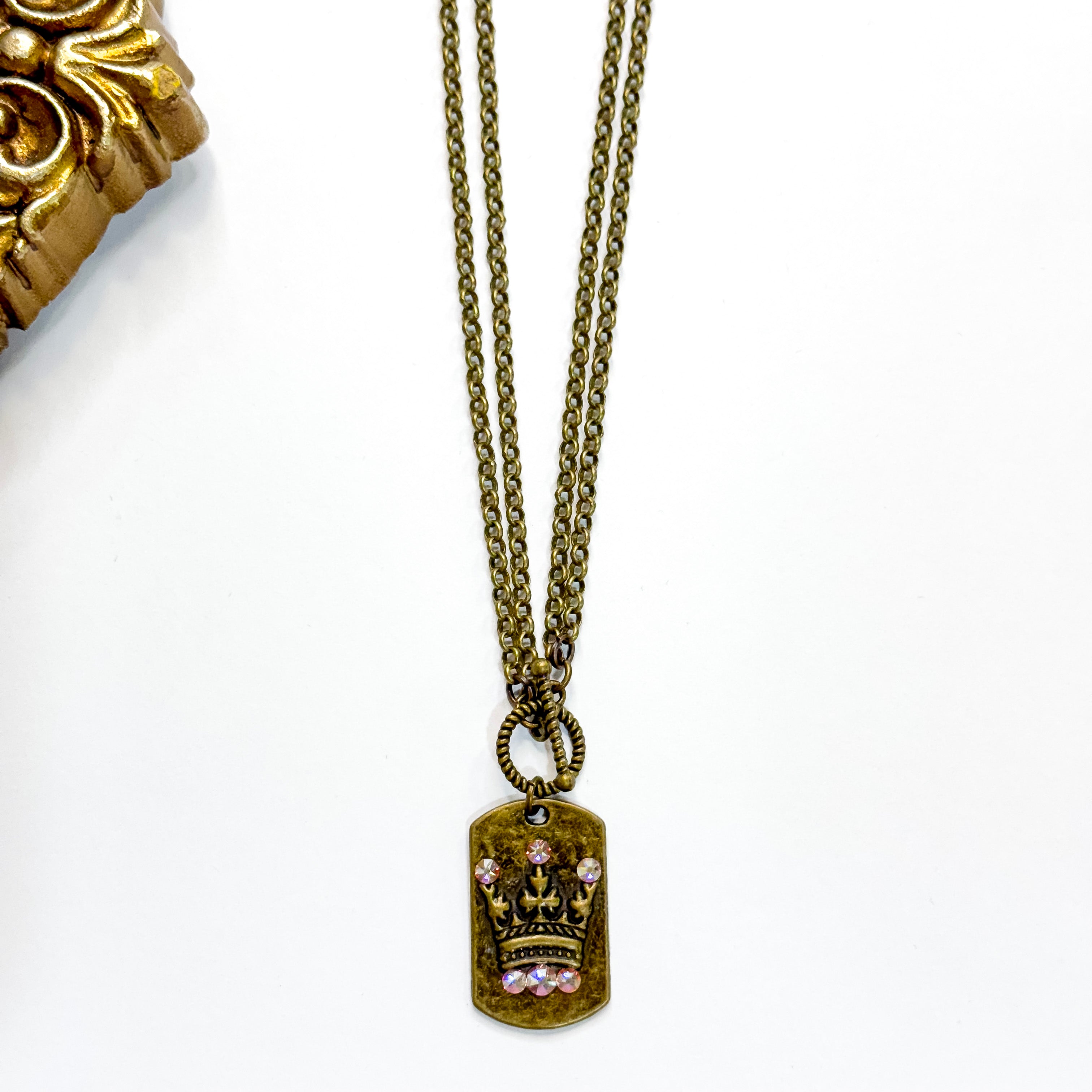 Pink Panache | Crowned Jewel Bronze Tone Necklace with AB Crystal Accents