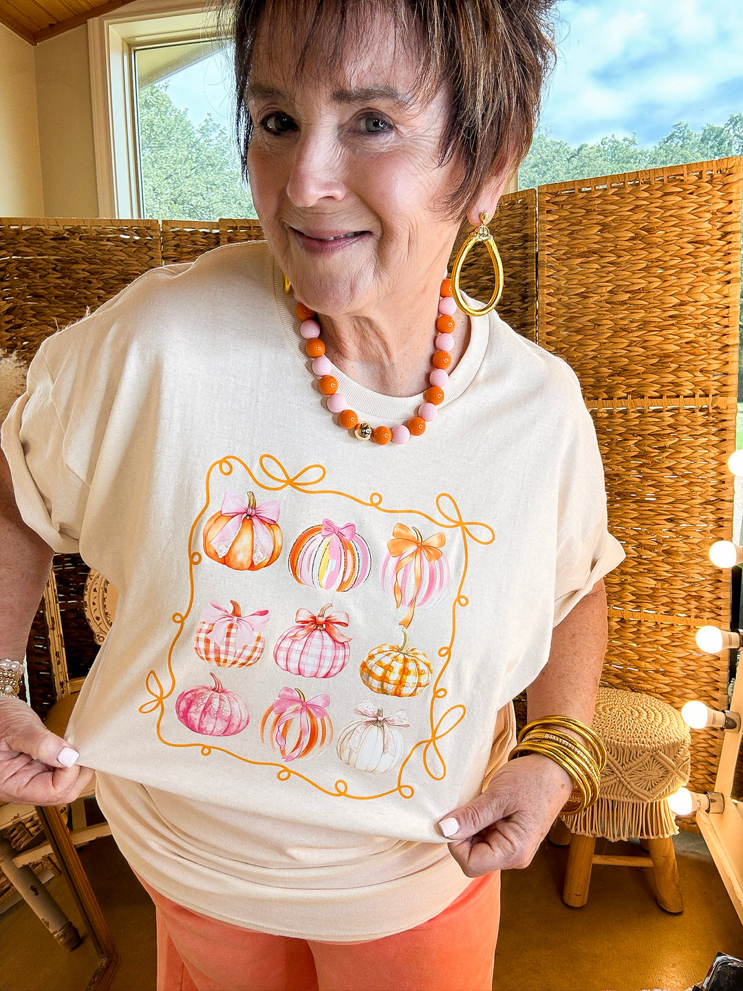 Pretty Little Pumpkins Bow and Pumpkin Fall Graphic Tee in Natural
