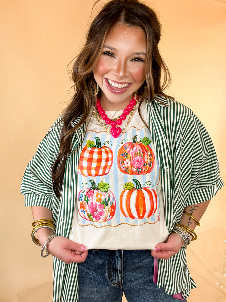 Prettiest in the Patch Stripe and Pumpkin Fall Graphic Tee in Natural