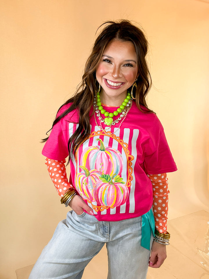 Fall in Full Color Stripe Watercolor Pumpkin Fall Graphic Tee in Hot Pink