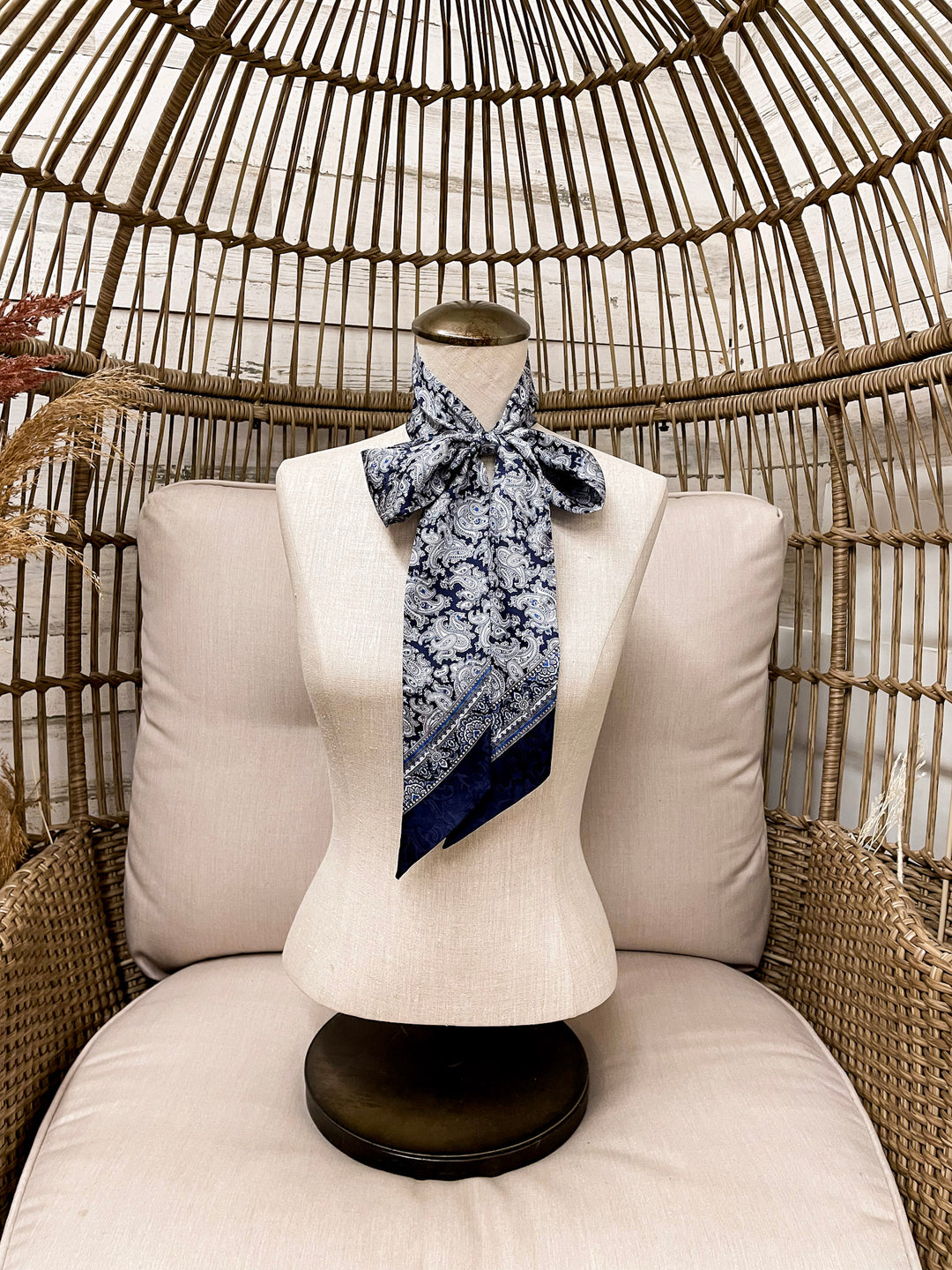 Wyoming Traders | Paisley Print Silk Twilly Scarf in Silver, Cobalt Blue and Navy Blue