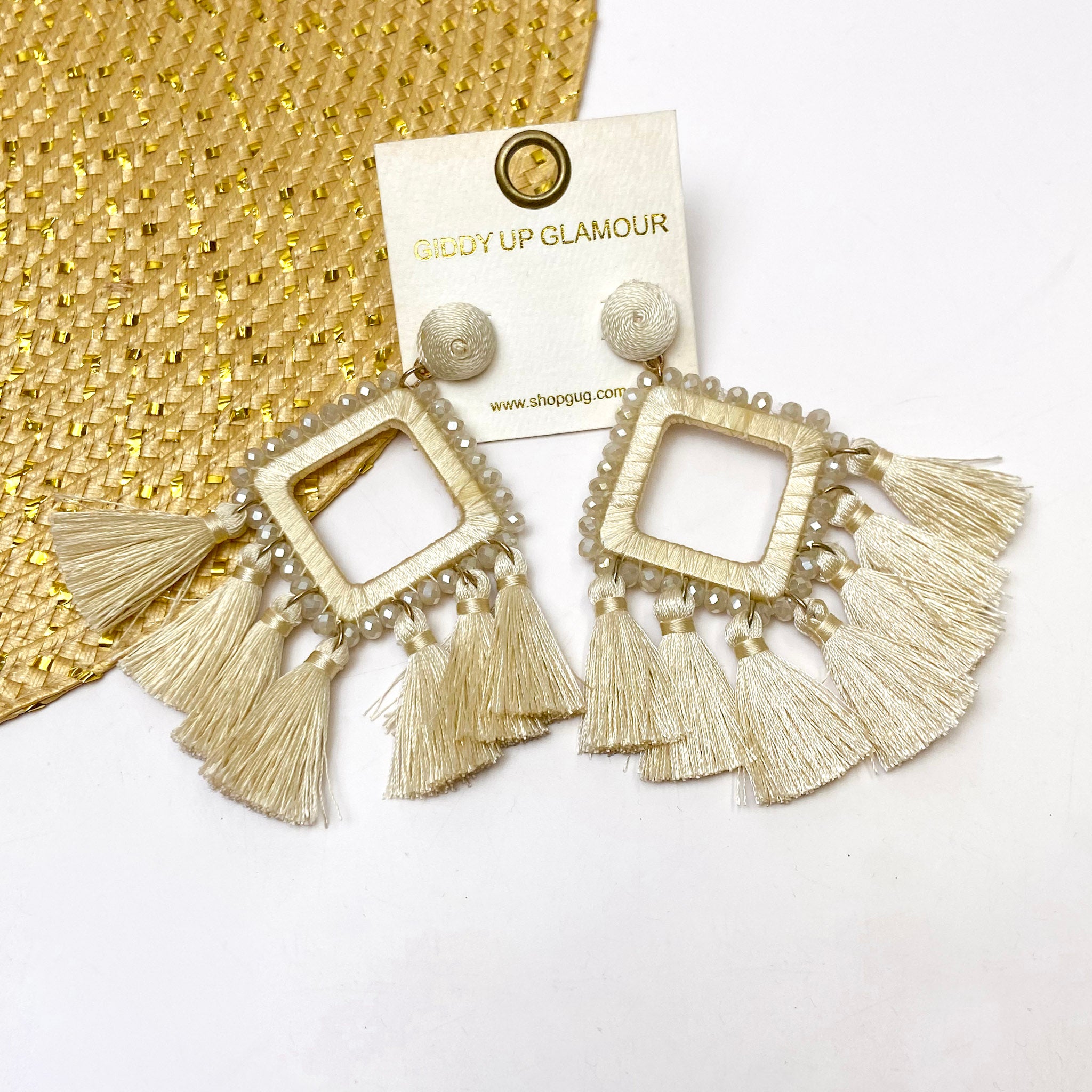 Beaded Diamond Shaped Earrings With Tassel Fringe in Champagne Gold