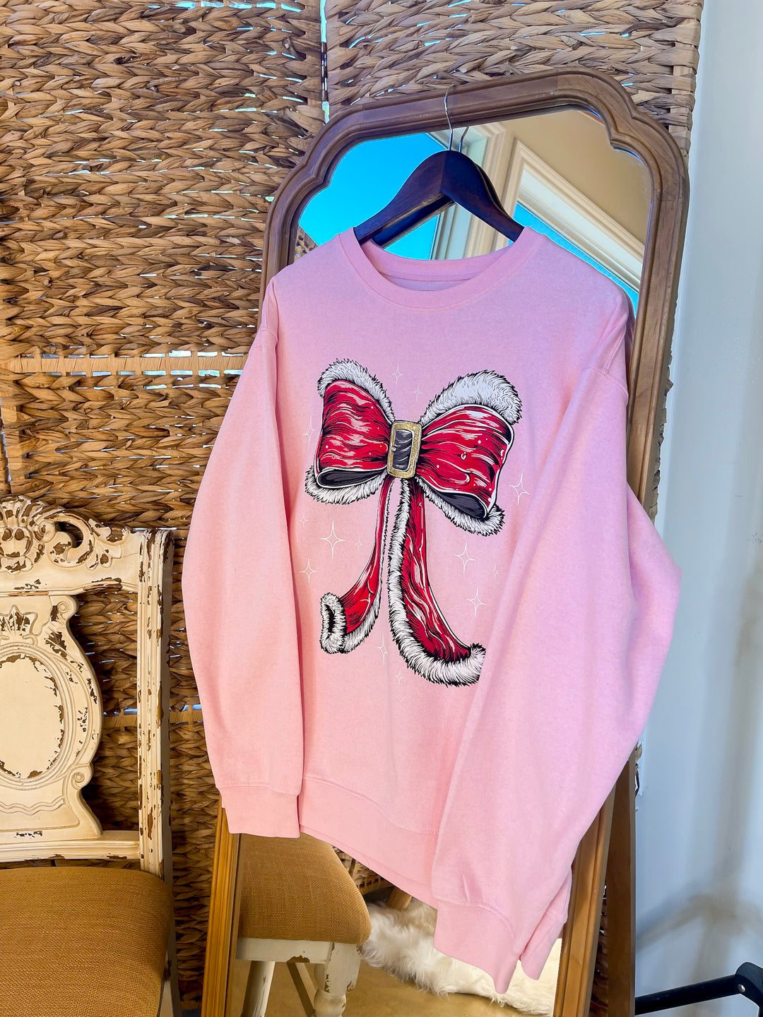 Simply Southern | Wrapped in Joy Santa's Suit Bow Graphic Crewneck Sweatshirt in Tutu Pink