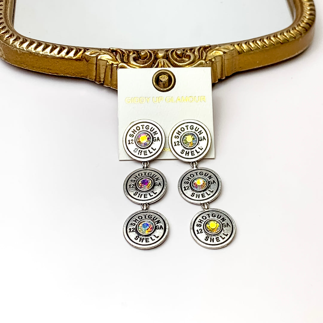3 Tier Silver Tone 12 Gauge Shotgun Shell Dangle Earrings with AB Crystal Accents - Giddy Up Glamour Boutique