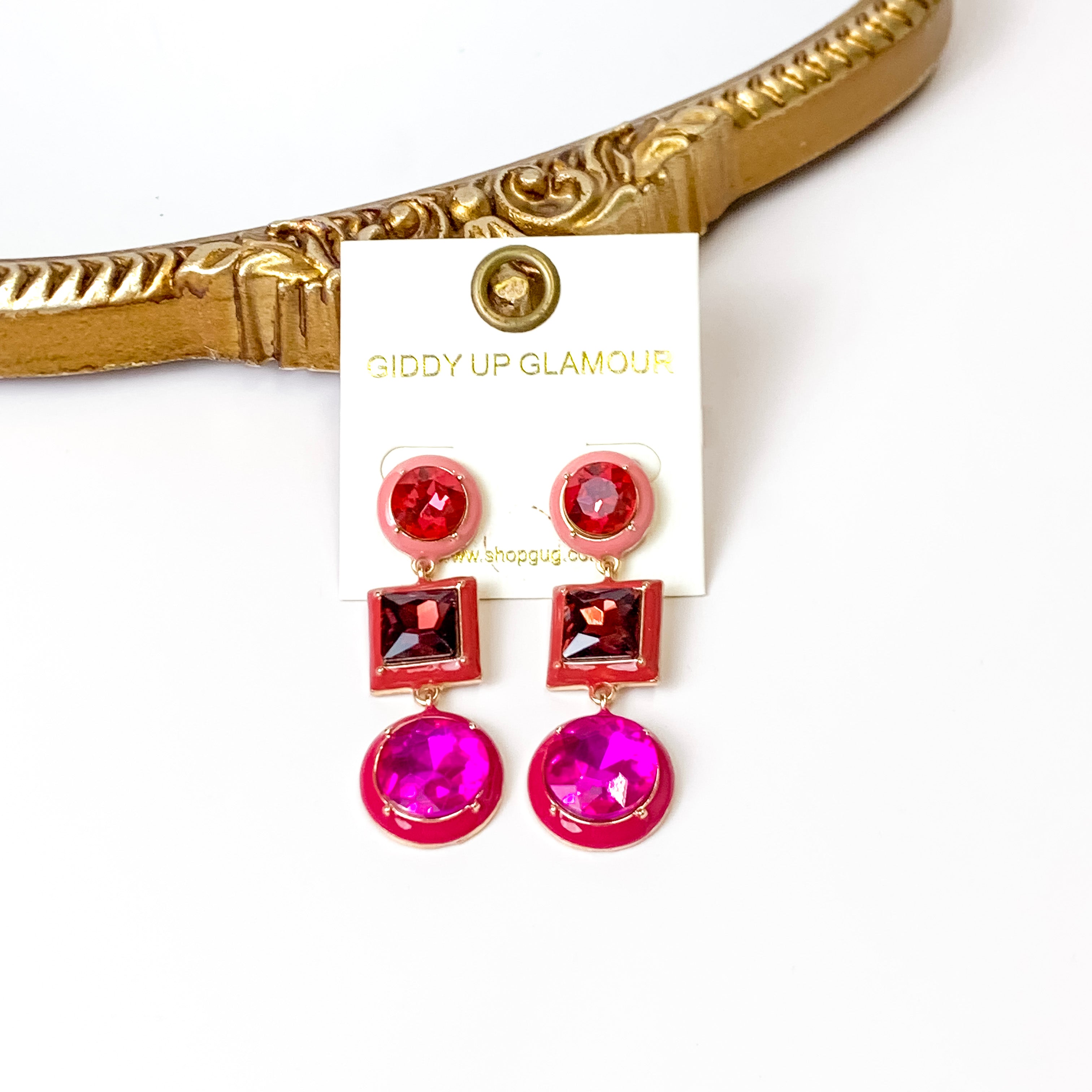 3 Tier Multicolor Enamel Drop Earrings in Fuchsia Pink - Giddy Up Glamour Boutique