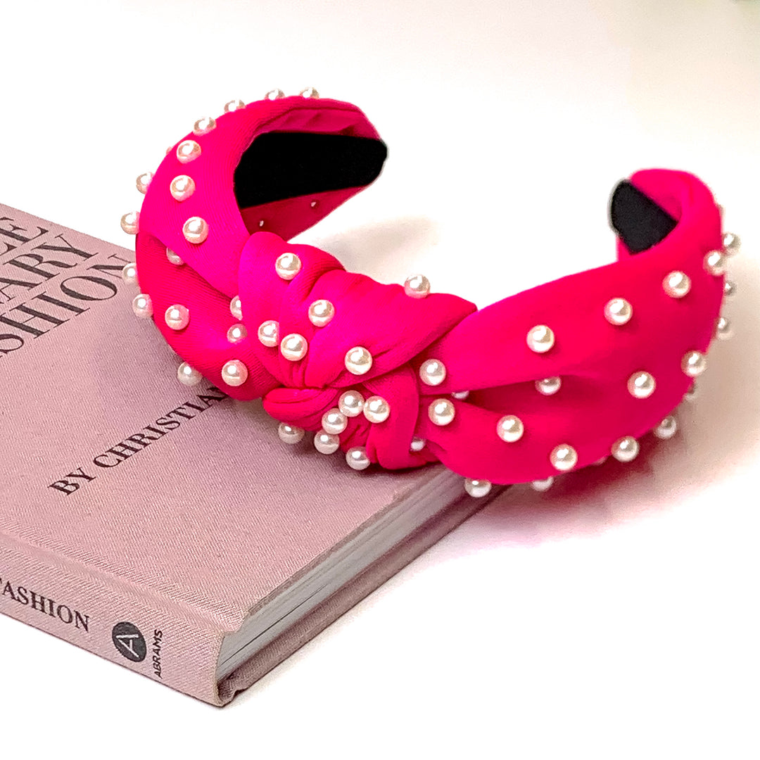 Pearl Detailed Knotted Headband in Fuchsia Pink - Giddy Up Glamour Boutique