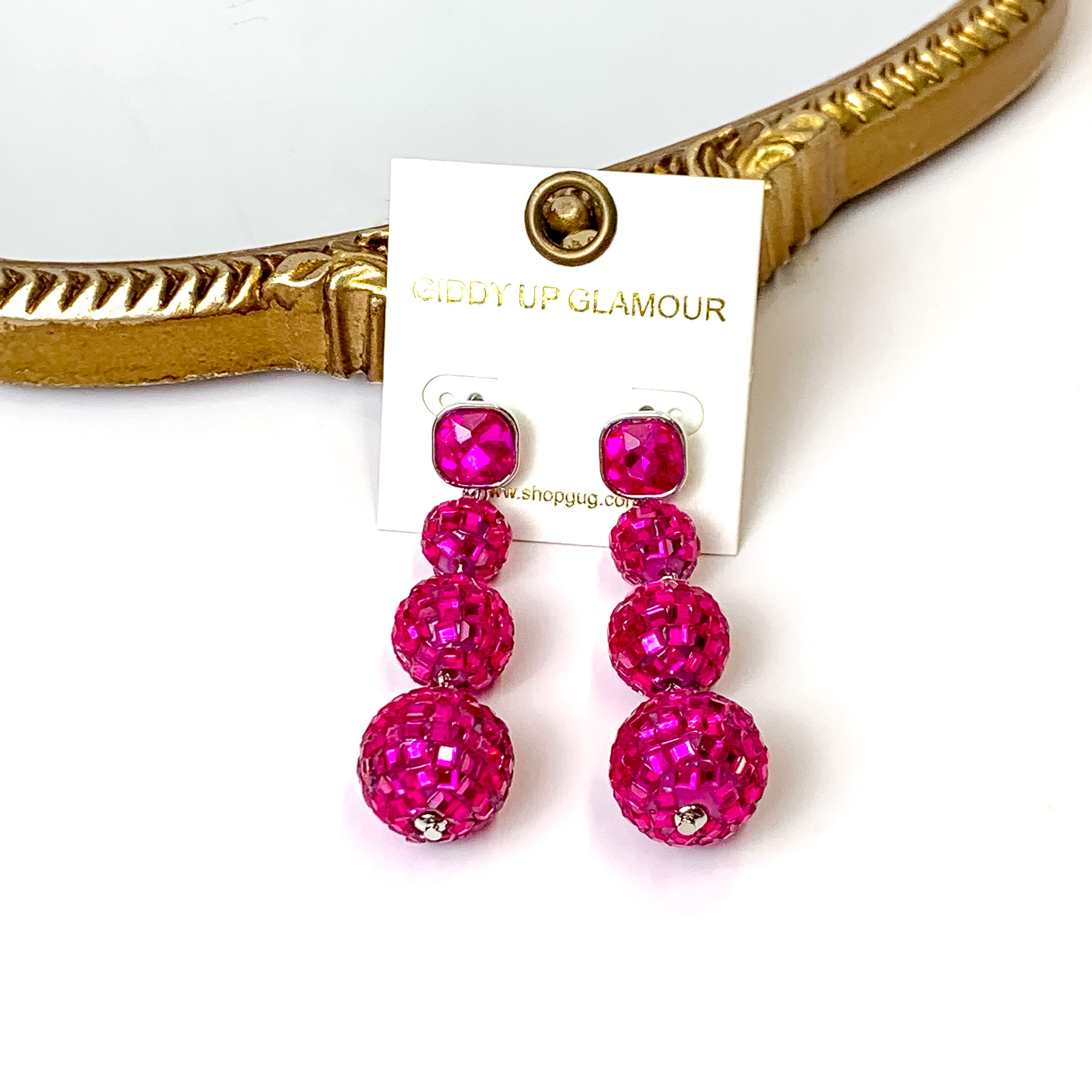 Cushion Crystal Post Disco Ball Dangle Earrings in Fuchsia Pink - Giddy Up Glamour Boutique