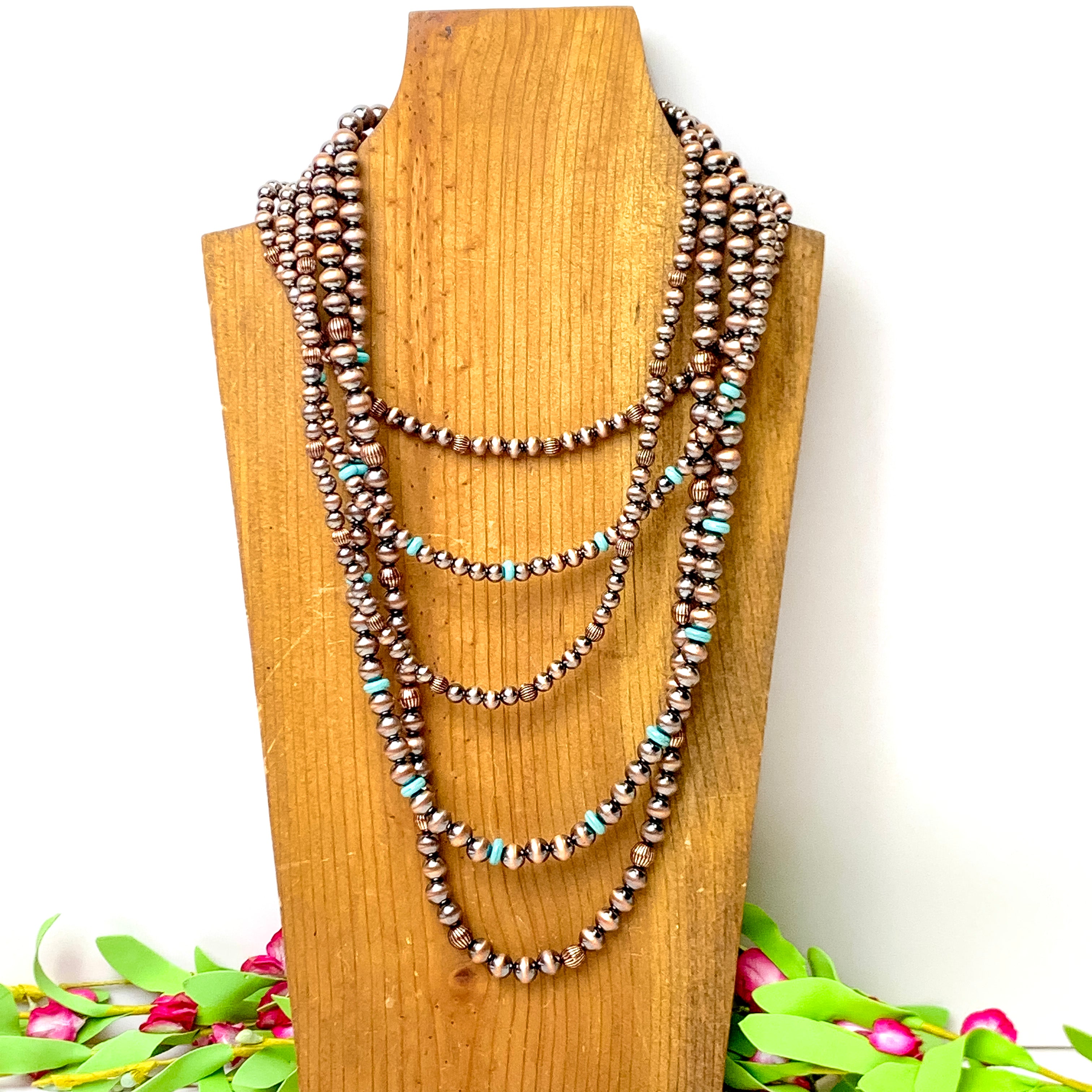 Five Row Faux Navajo Pearl Layered Necklace with Faux Turquoise Disk Bead Spacers in Copper Tone - Giddy Up Glamour Boutique