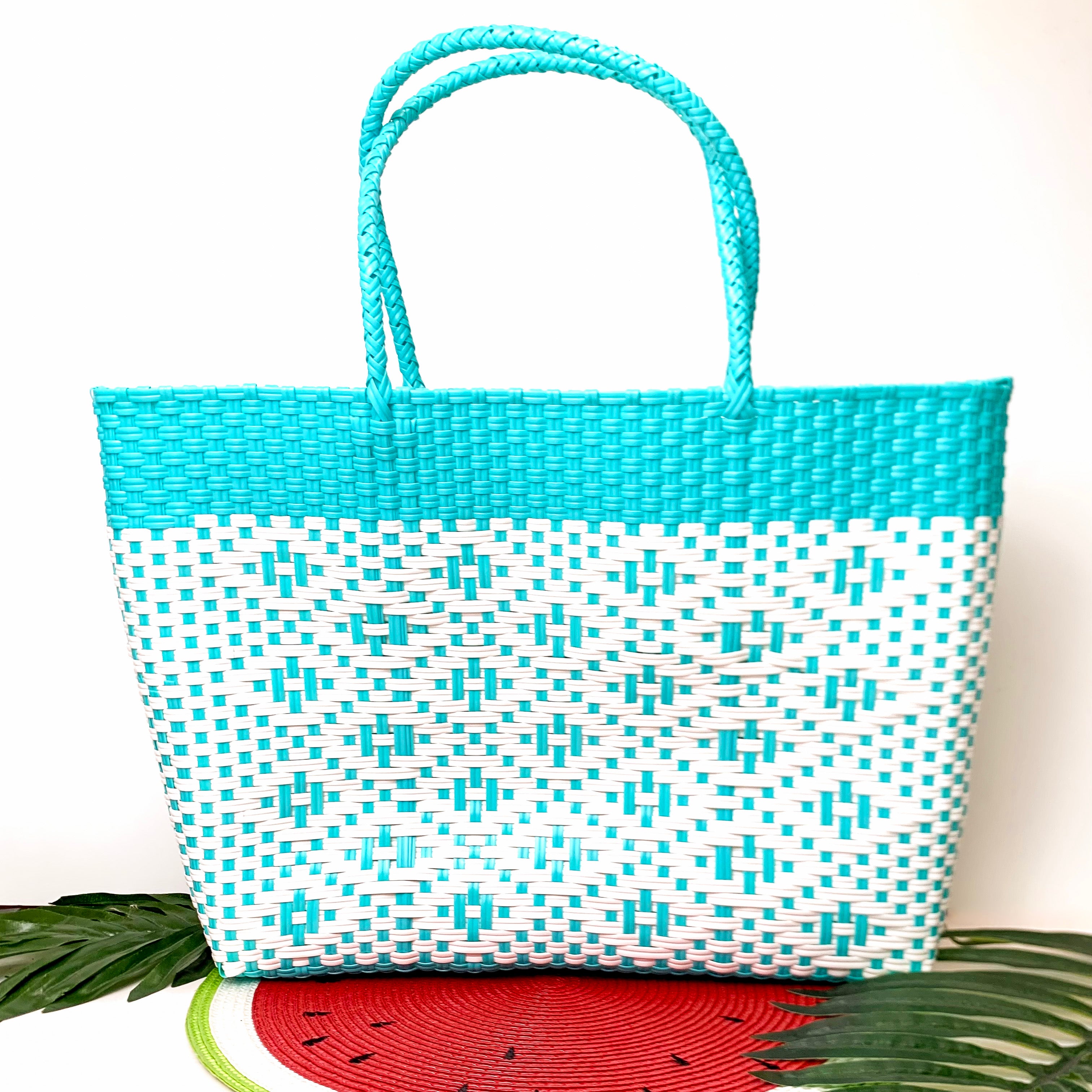 Sonoran Sky Market Tote Bag in Turquoise Blue and White - Giddy Up Glamour Boutique