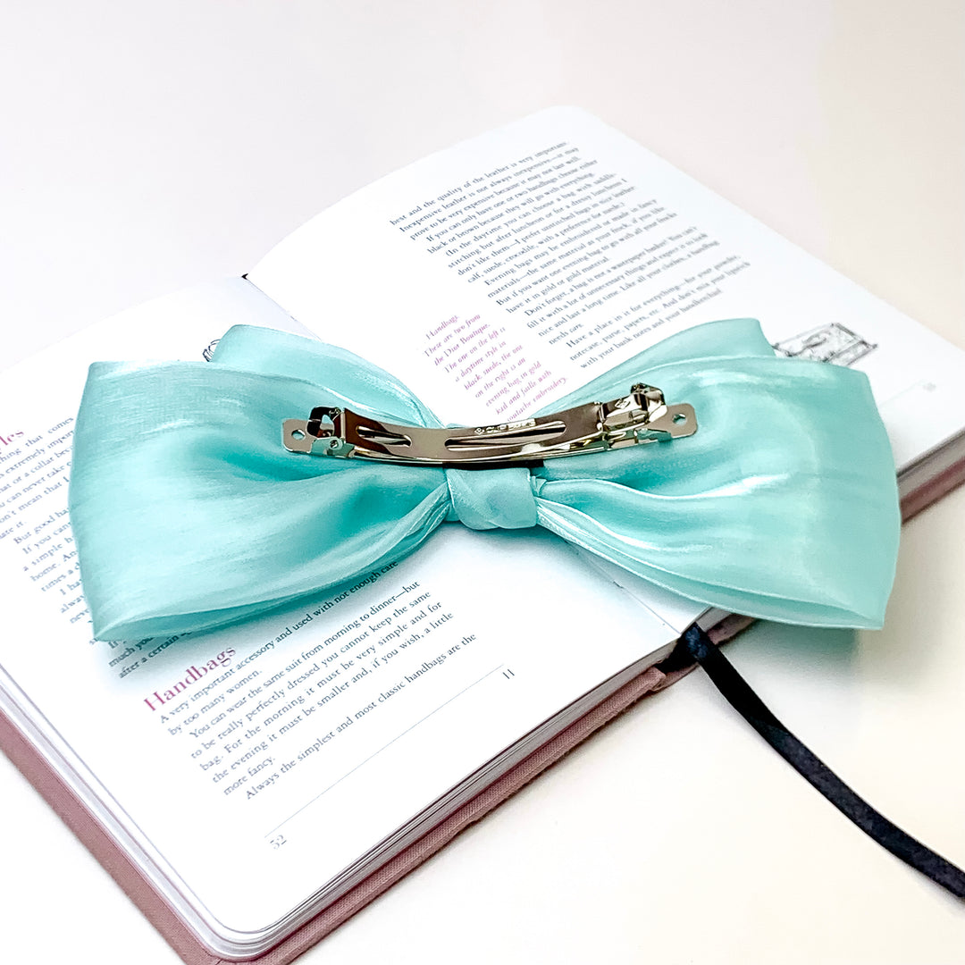 Feelin' Flirty Silk Bow Hair Clip in Mint Blue - Giddy Up Glamour Boutique