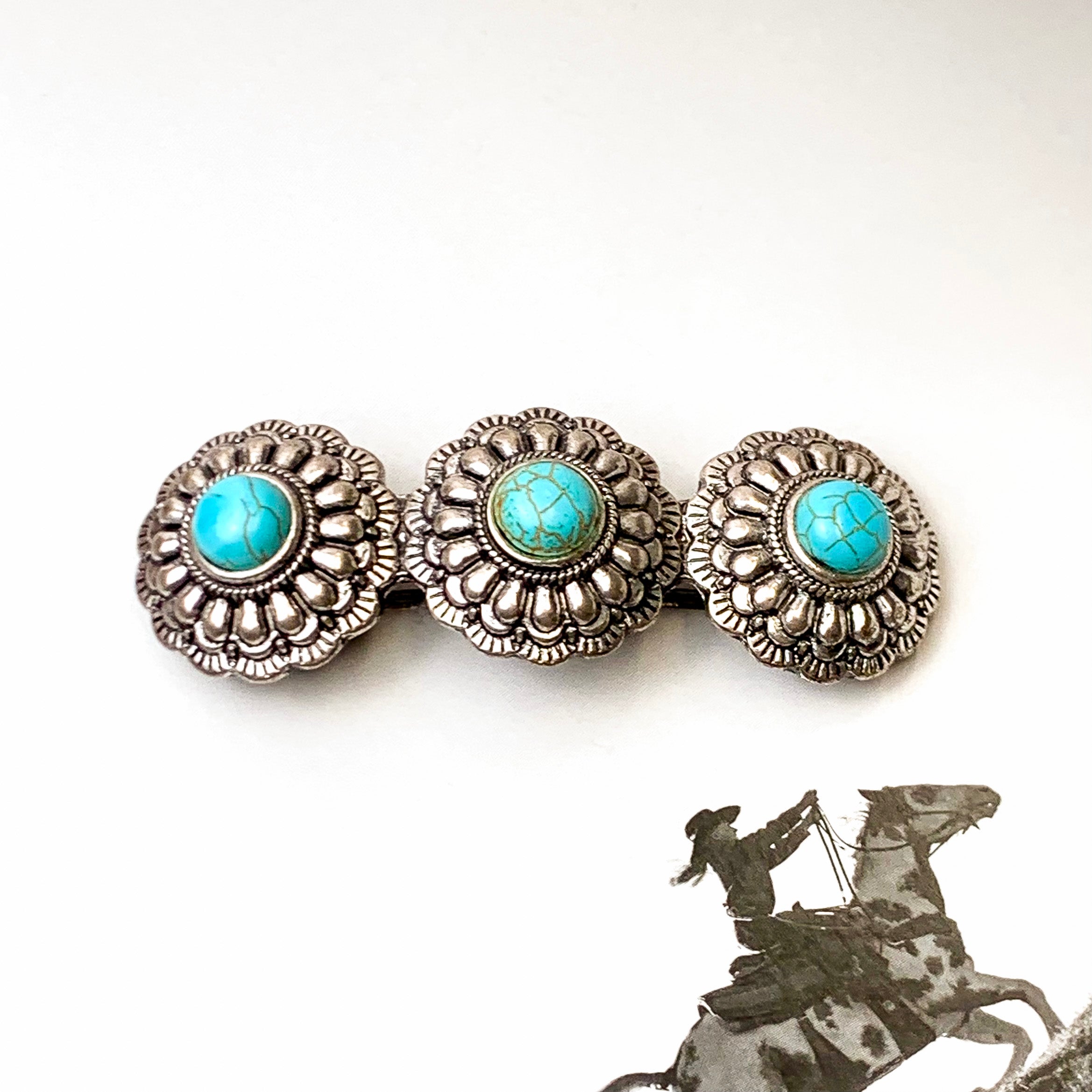 Silver Tone Concho Hair Clip with Faux Turquoise Stones - Giddy Up Glamour Boutique