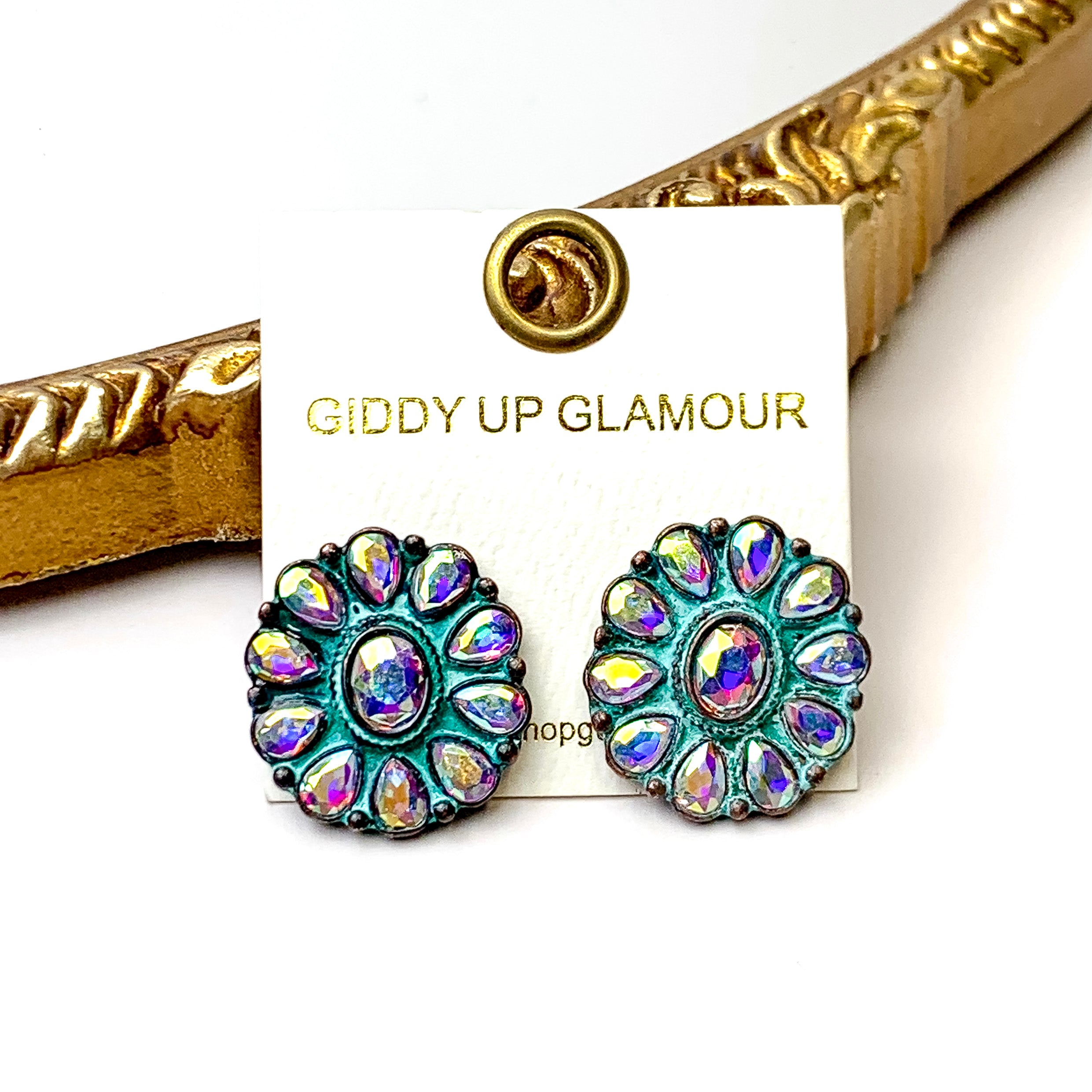 Prismatic Petal AB Stone Flower Concho Stud Earrings in Patina Tone - Giddy Up Glamour Boutique