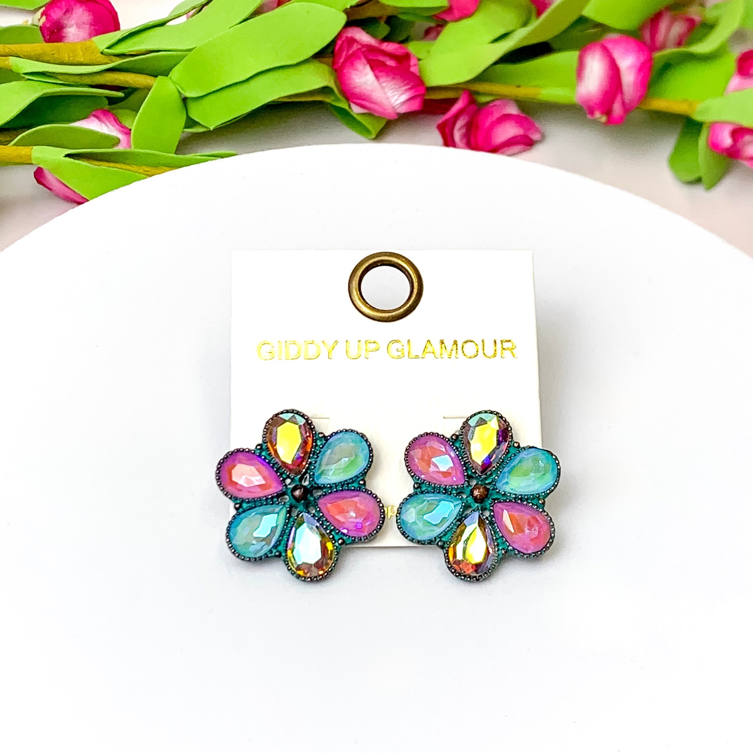 Petal Perfection Patina Tone Flower Stud Earrings in Pink and Turquoise