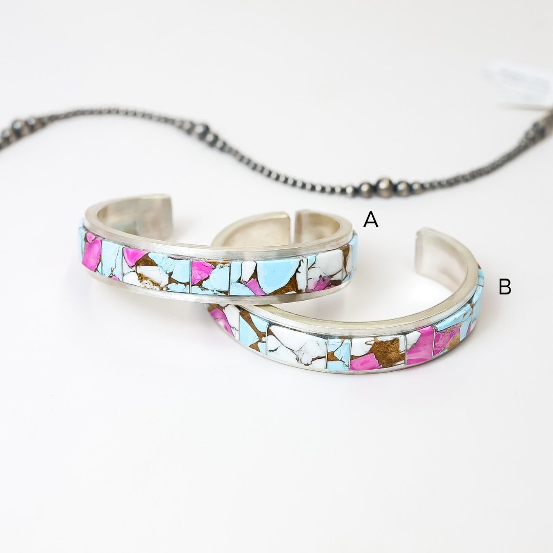 Steve Francisco | Navajo Handmade Sterling Silver Cuff Bracelet with Cotton Candy Inlay Stone