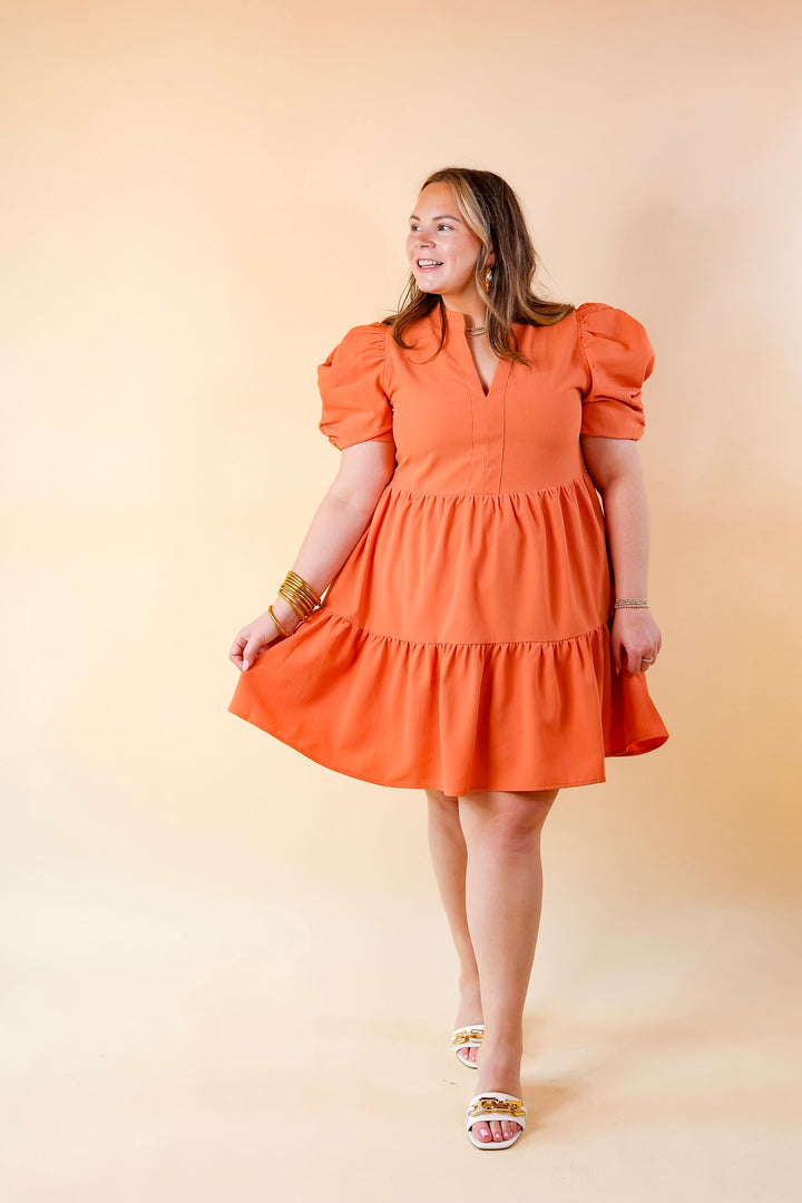 Call Me Chic Balloon Sleeve Short Dress in Salmon Orange - Giddy Up Glamour Boutique