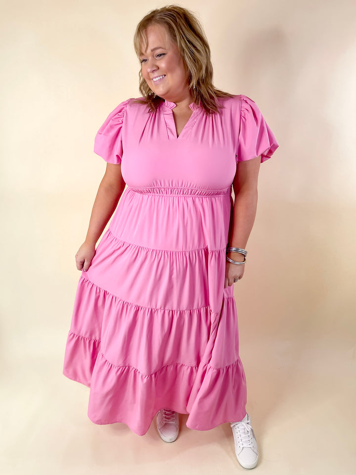 Table for Two Tiered Maxi Dress with Puff Sleeves in Bubblegum Pink - Giddy Up Glamour Boutique
