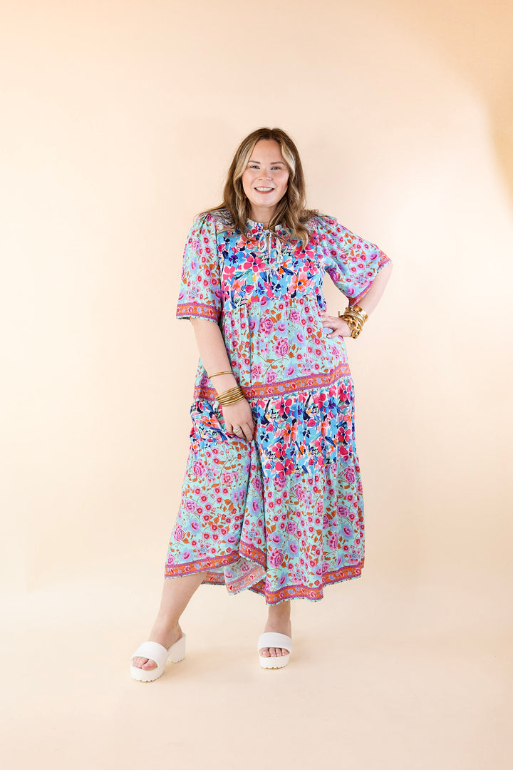 Tulip Fields Floral Tiered Midi Dress in Mint Green Mix - Giddy Up Glamour Boutique
