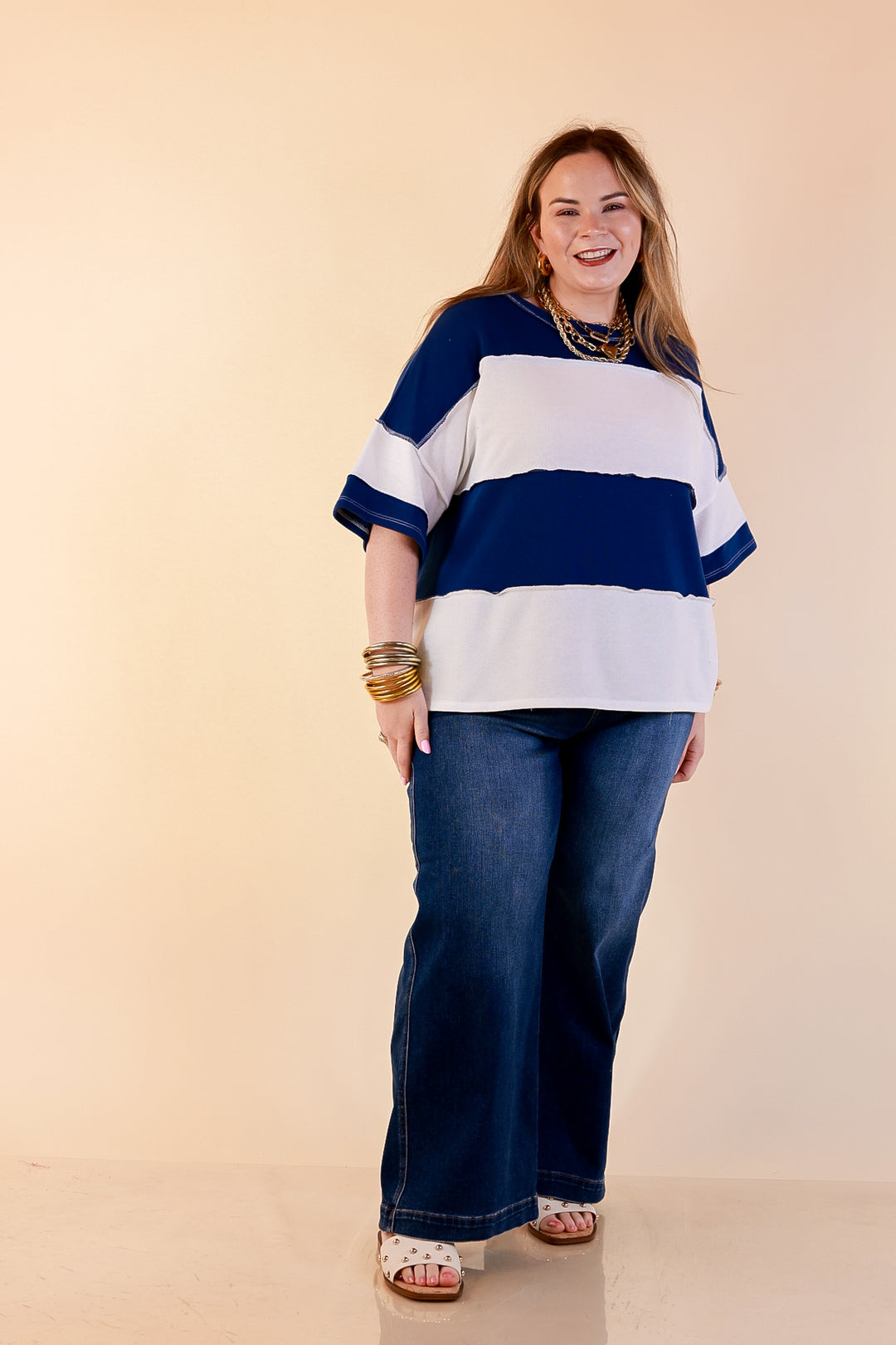 Simply Striking Color Block Rugby Style Wide Stripe Relaxed Short Sleeve Top in Navy Blue