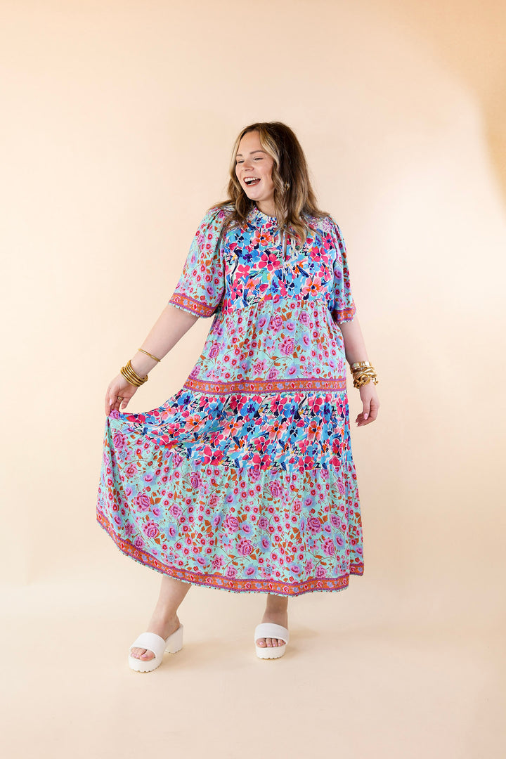 Tulip Fields Floral Tiered Midi Dress in Mint Green Mix - Giddy Up Glamour Boutique