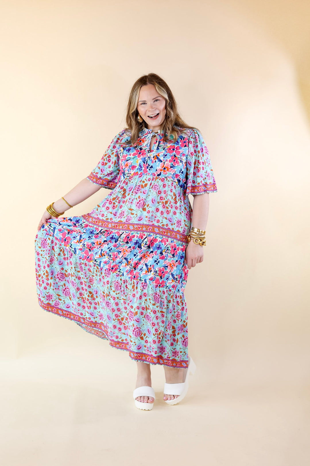 Tulip Fields Floral Tiered Midi Dress in Mint Green Mix - Giddy Up Glamour Boutique