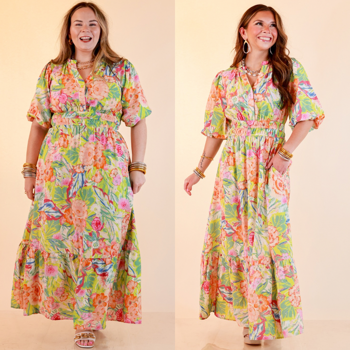 Reserved for Brunch Puff Sleeve Smocked Waist Floral Maxi Dress in Green Multi