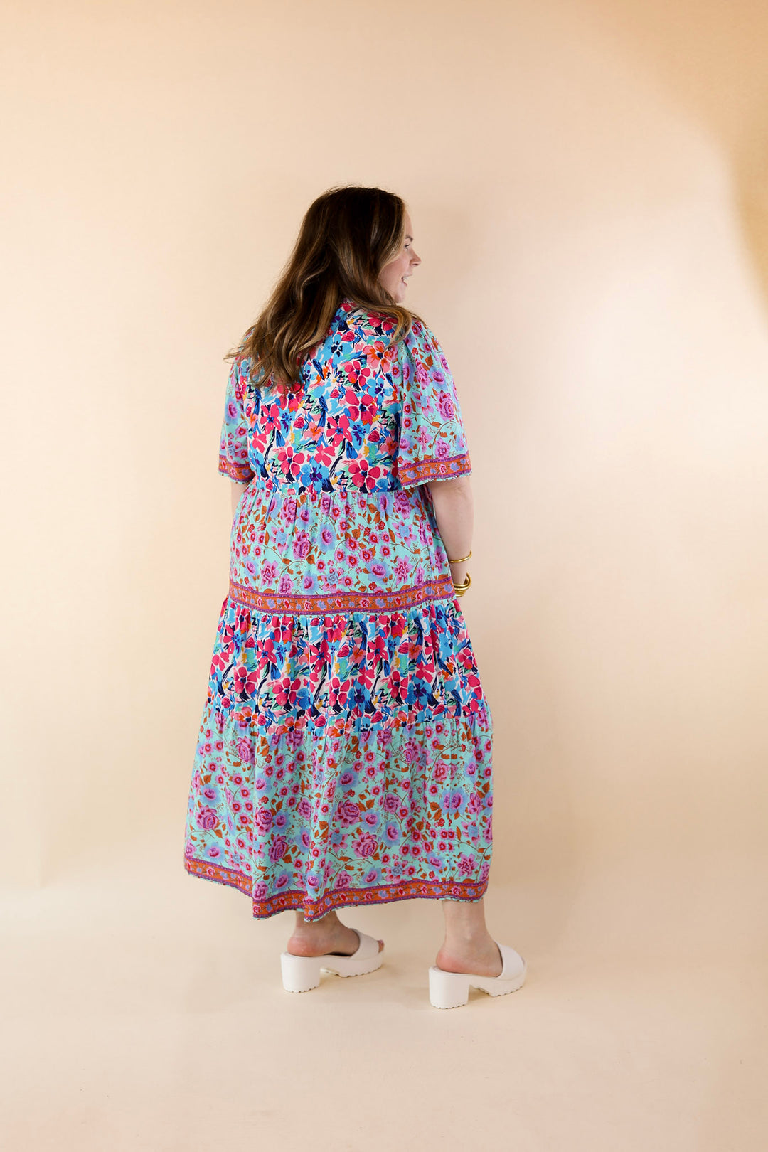 Tulip Fields Floral Tiered Midi Dress in Mint Green Mix - Giddy Up Glamour Boutique