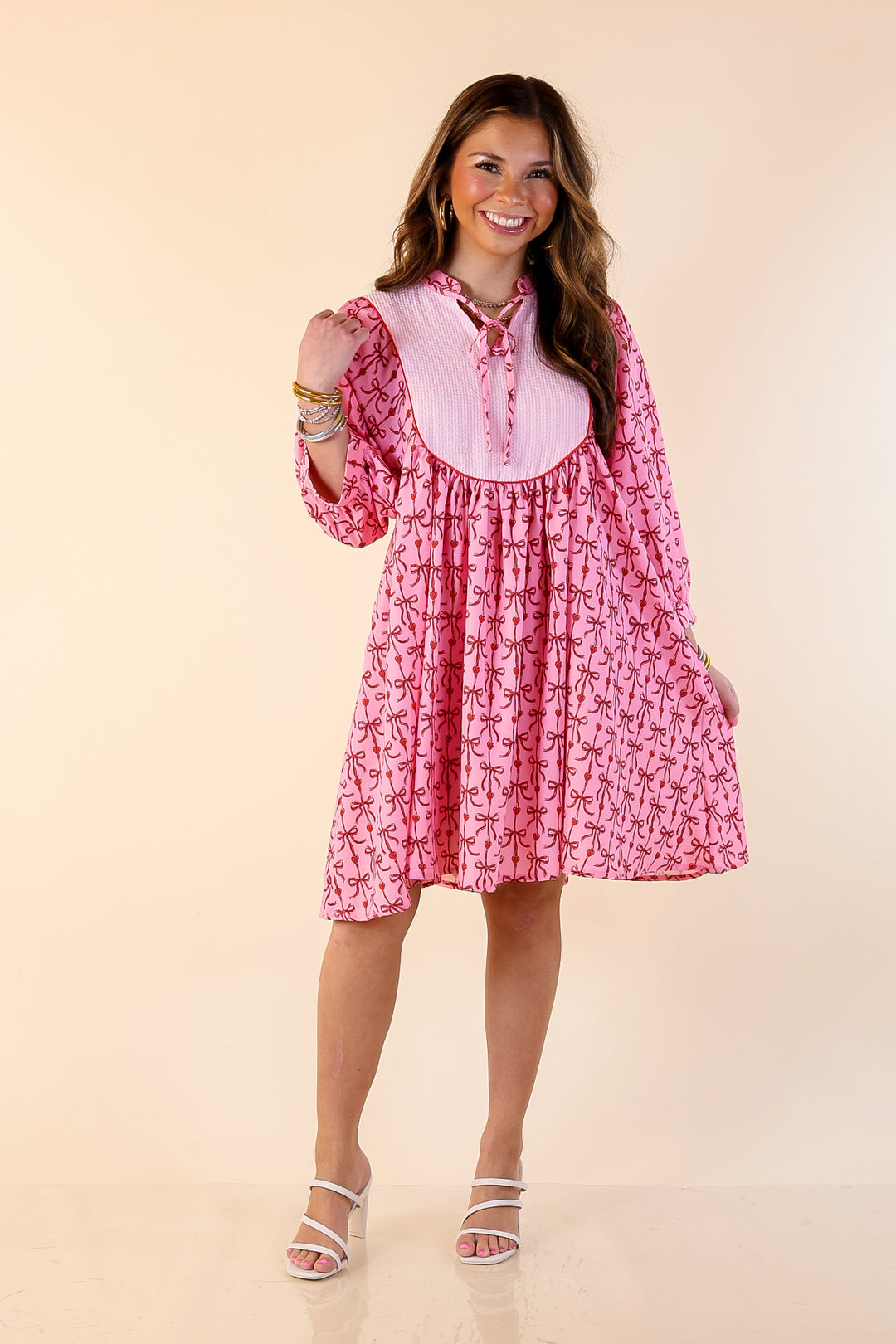 Simply Southern | Charming as Ever Red Bow and Heart Print Dress with Pink Pinstripe Front Yoke in Pink