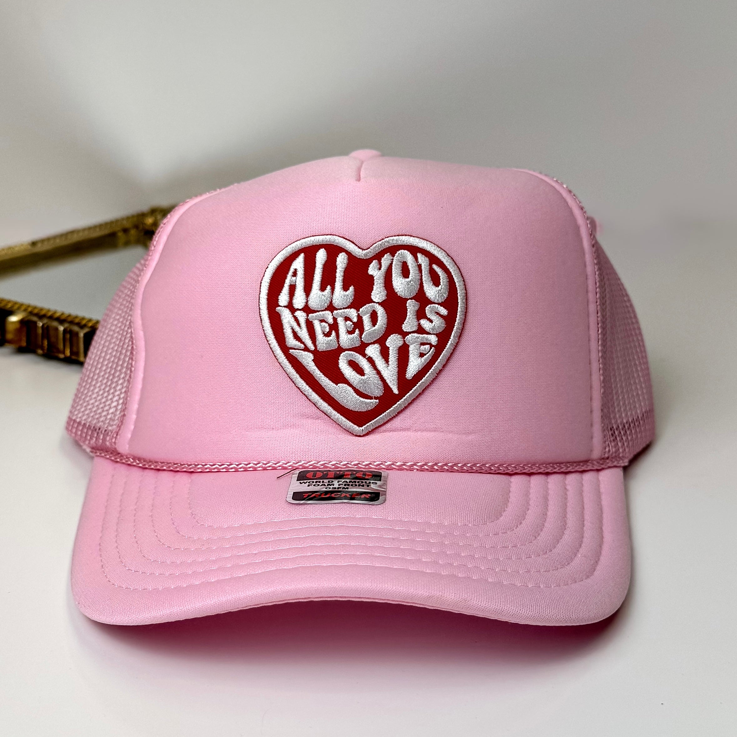 All You Need Is Love Heart Patch Foam Trucker Hat in Light Pink - Giddy Up Glamour Boutique