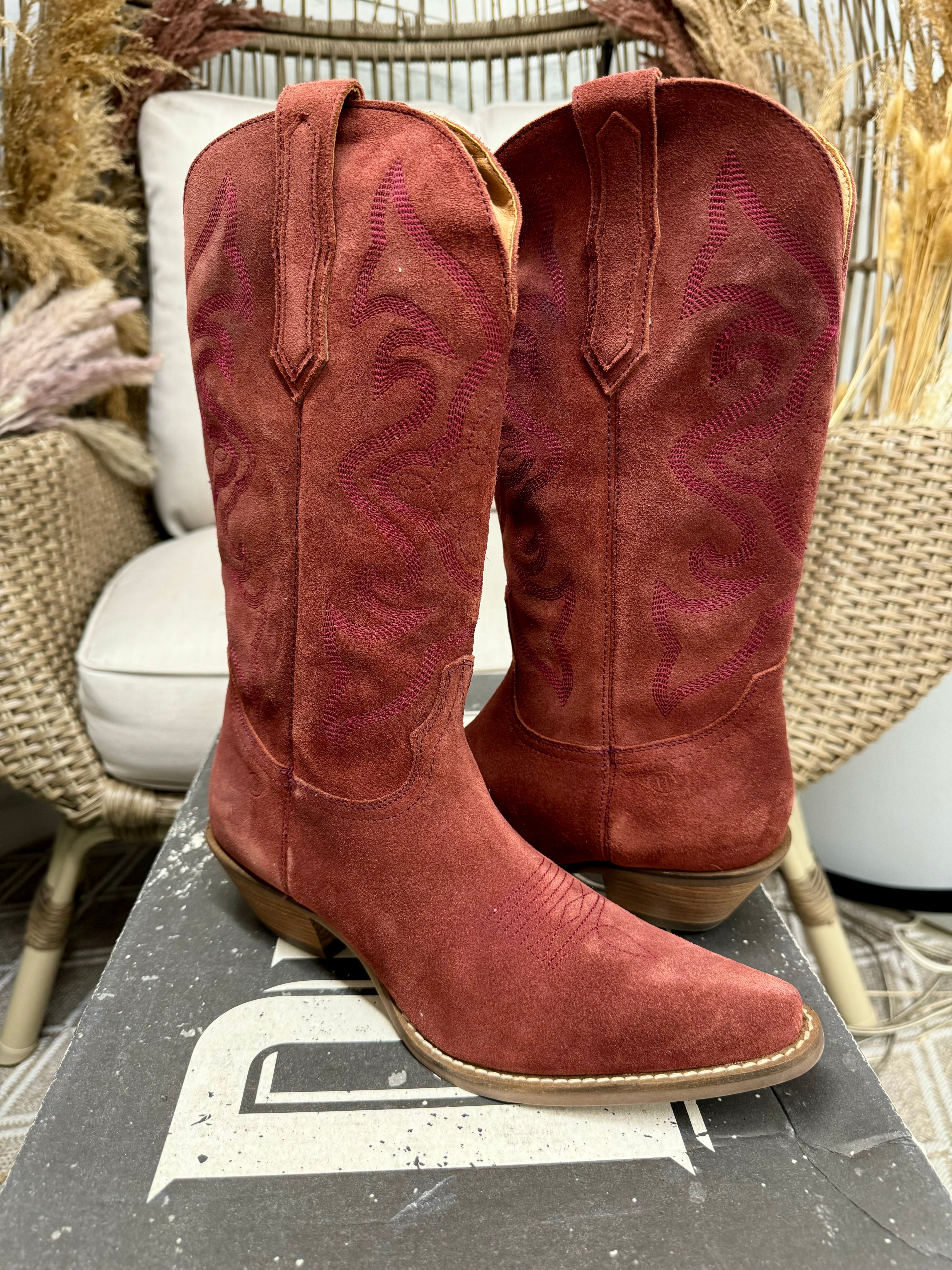 Model Boots Size 9 | Dingo | Out West Suede Cowboy Boots in Cranberry Red FINAL SALE - Giddy Up Glamour Boutique