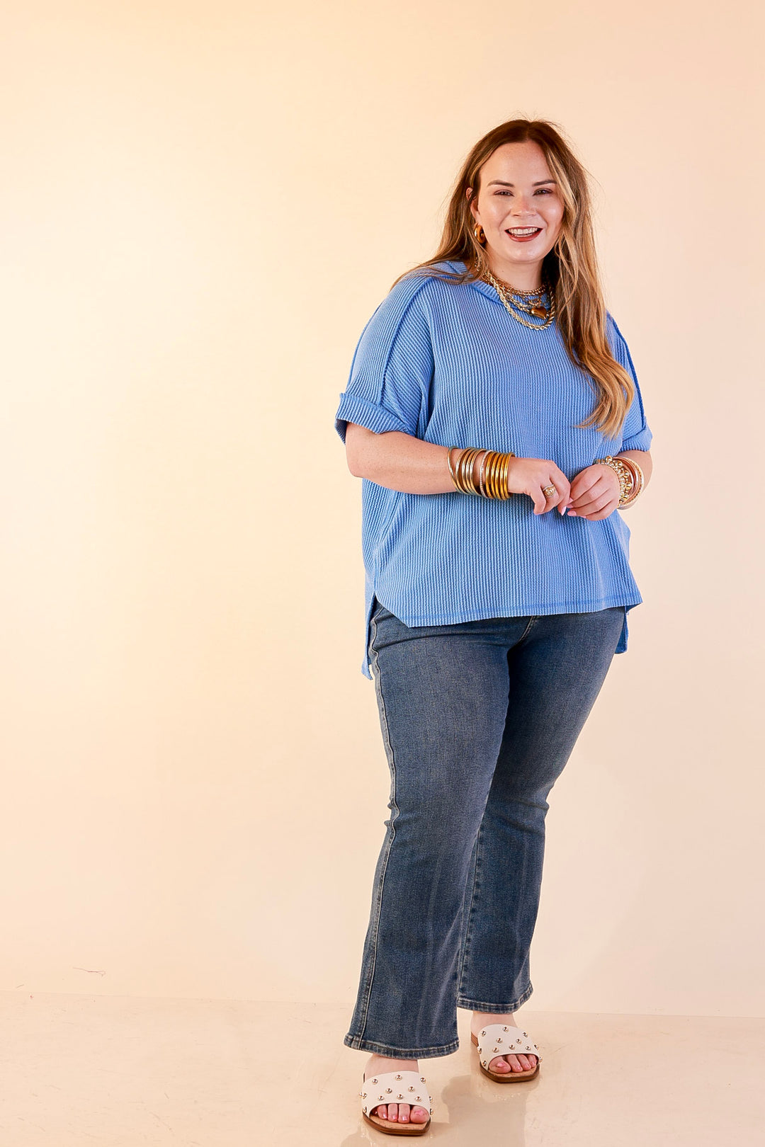 Daily Perfection Scoop Neck Short Sleeve Ribbed Top in Sky Blue