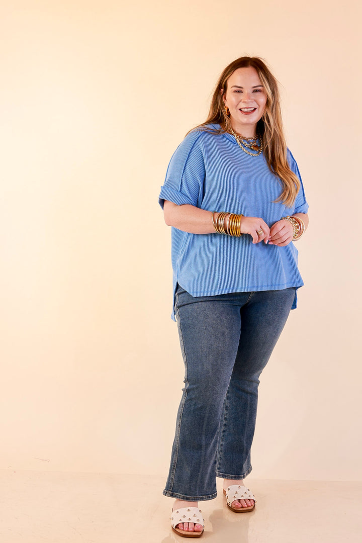 Daily Perfection Scoop Neck Short Sleeve Ribbed Top in Sky Blue