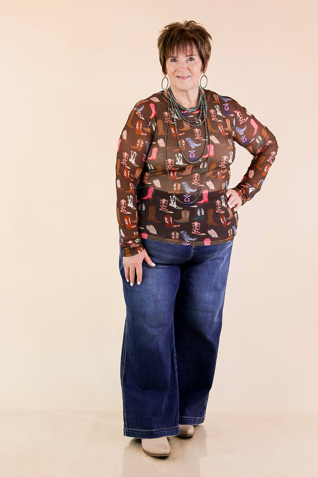 The Perfect Layer Western Boot Print Mesh Long Sleeve Top in Brown