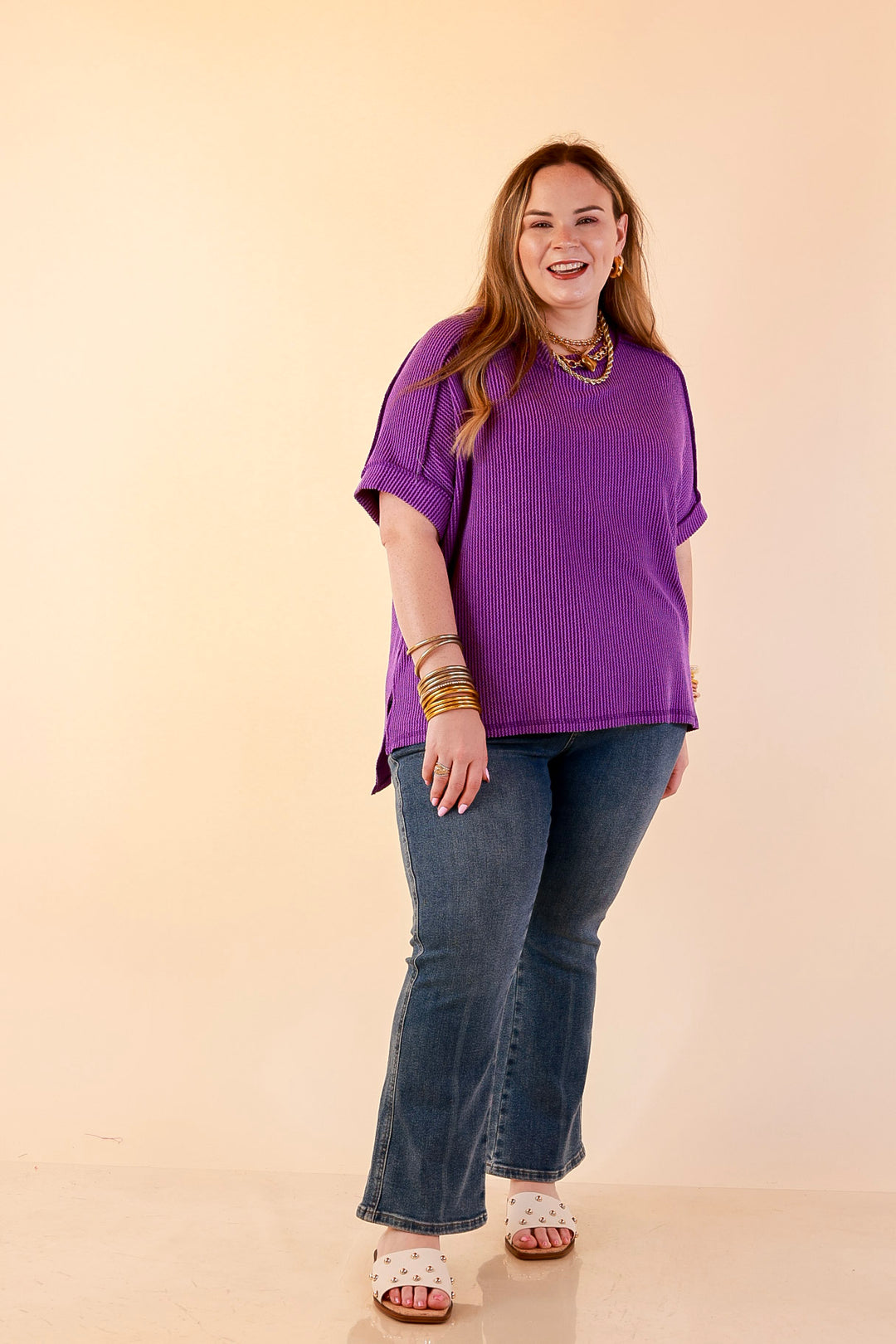 Daily Perfection Scoop Neck Short Sleeve Ribbed Top in Dark Purple
