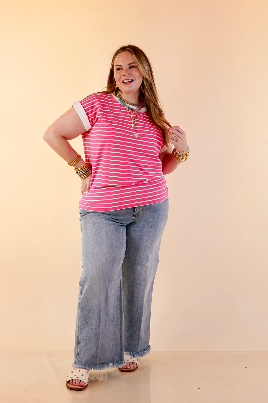 Right on Repeat Scoop Neck Cap Sleeve with Contrast Trim Striped Tee Top in Fuchsia Pink