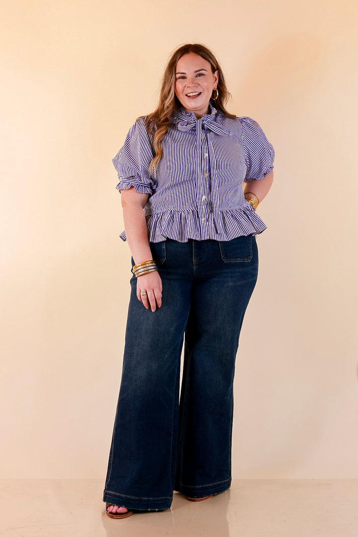 Judy Blue | Classic Companion Luxe Retro Wide Leg Jeans with Front Patch Pockets in Dark Indigo Wash