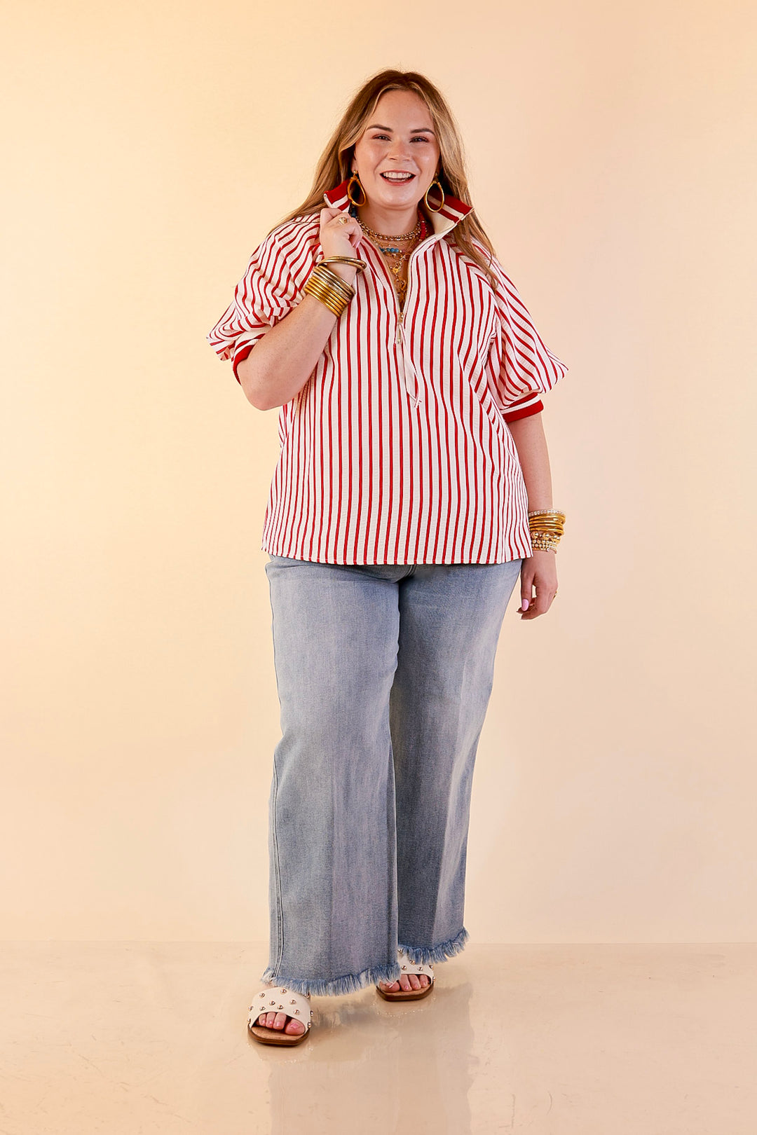 Bold Instincts Striped Print Half Zip Top with Puff Sleeves in Red and Ivory