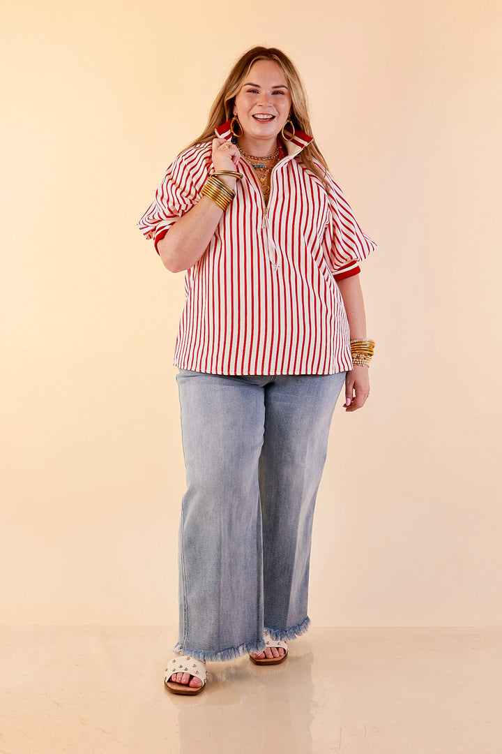 Bold Instincts Striped Print Half Zip Top with Puff Sleeves in Red and Ivory