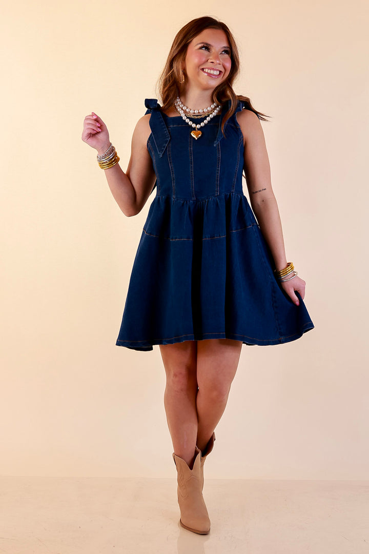 Denim Daydream Tie Shoulder Square Neck Tiered Corset Denim Mini Dress in Dark Wash