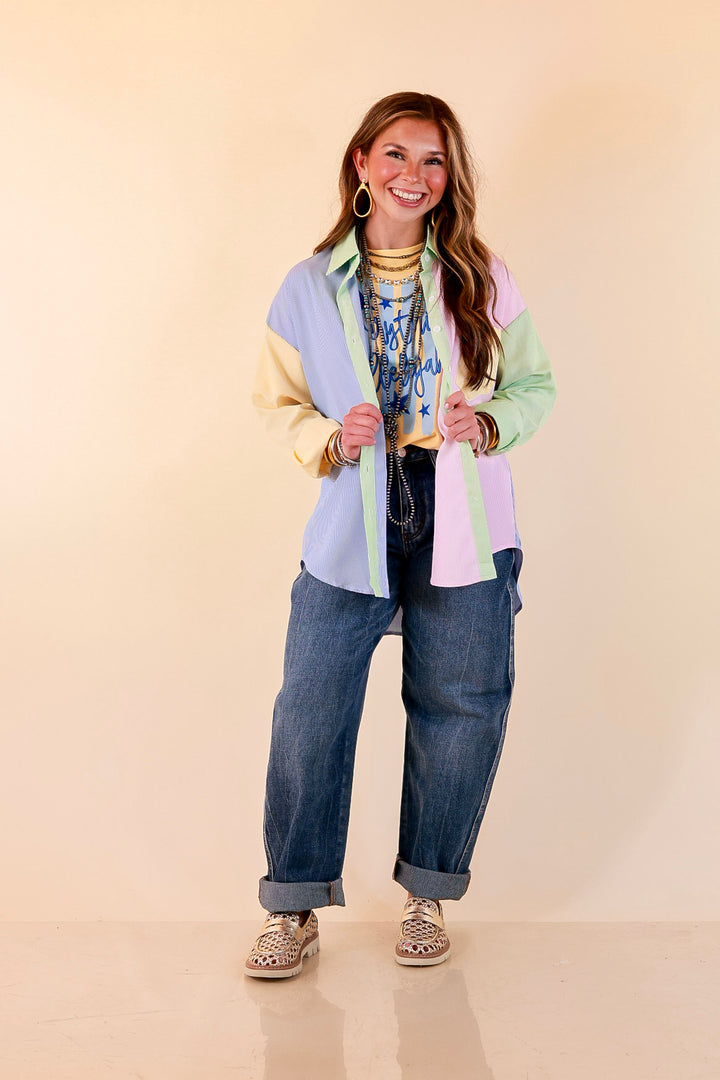 GUG Original | Sweet Harmony Long Sleeve Button Down Color Block Pinstripe Shirt in Bright Mix