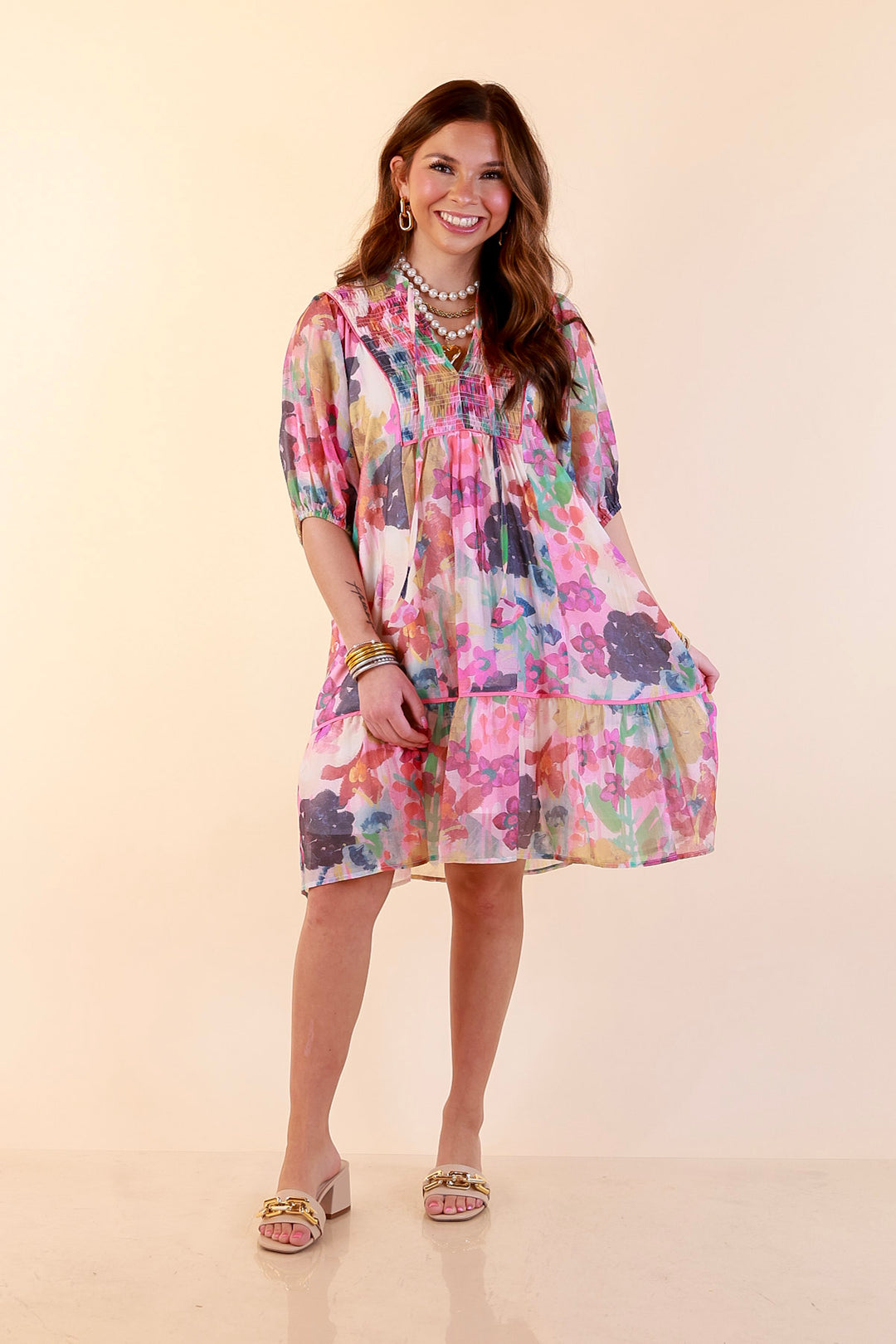 Painted Pretty Floral Print Smocked Yoke Dress with Tie Neckline and Puff Sleeves in Pink Mix