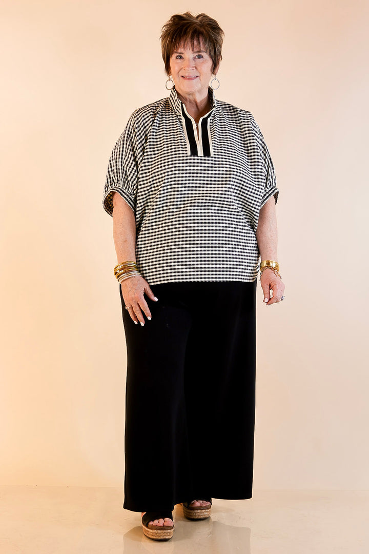 Naturally Stylish Gingham Plaid Top with Contrast Stripe Trim and Short Dolman Sleeves in Black