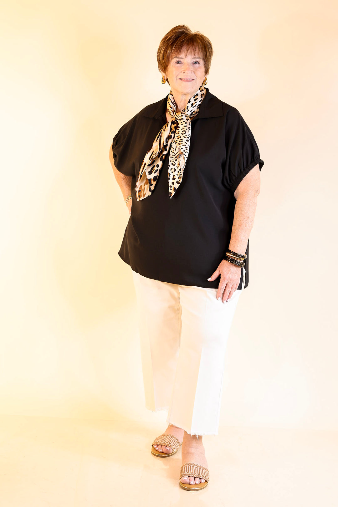 Fresh Start Collared V-Neck Blouse With Drop Shoulder in Black