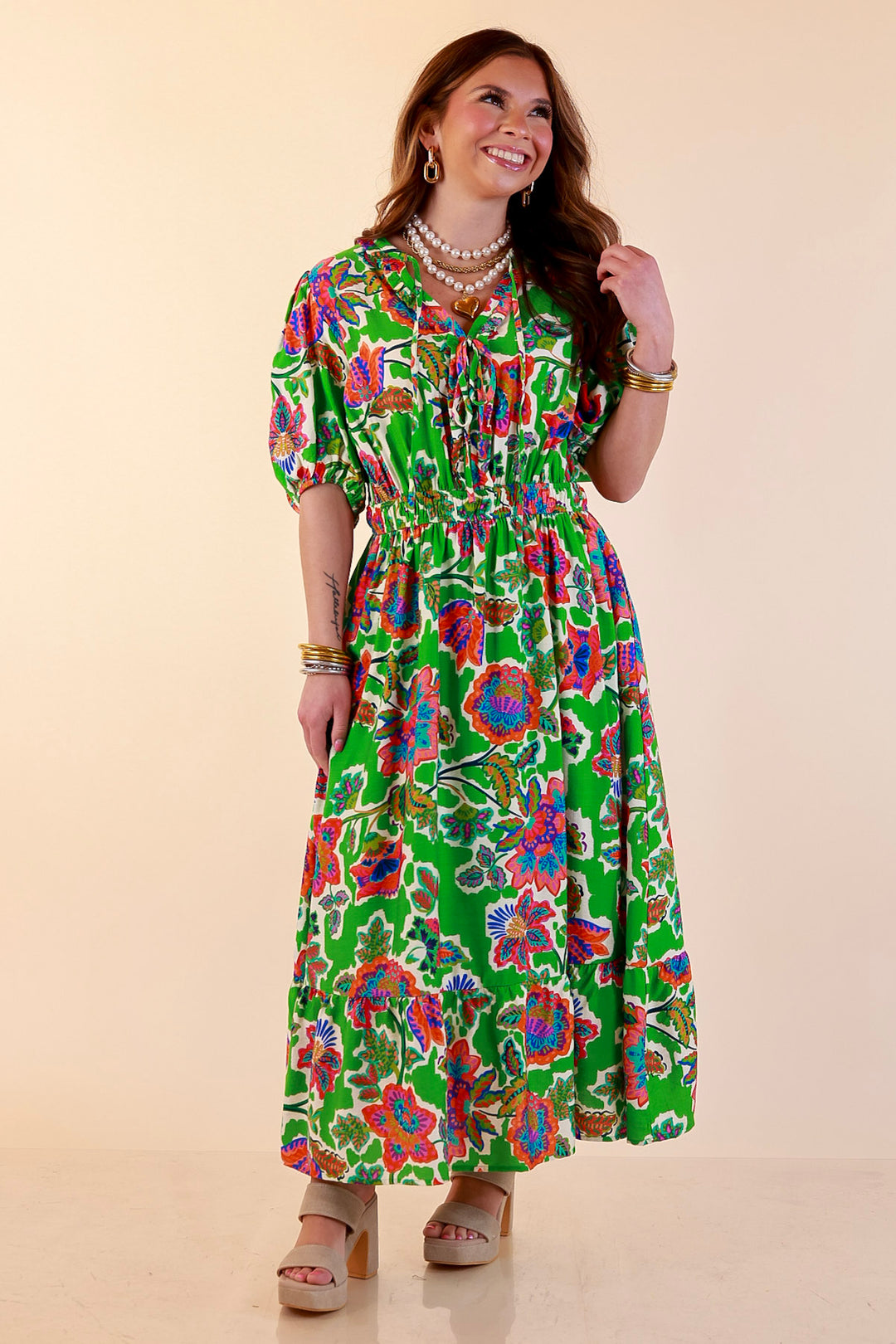Color Me Happy Floral Print Midi Dress with Tie Neckline and Puff Sleeves in Green