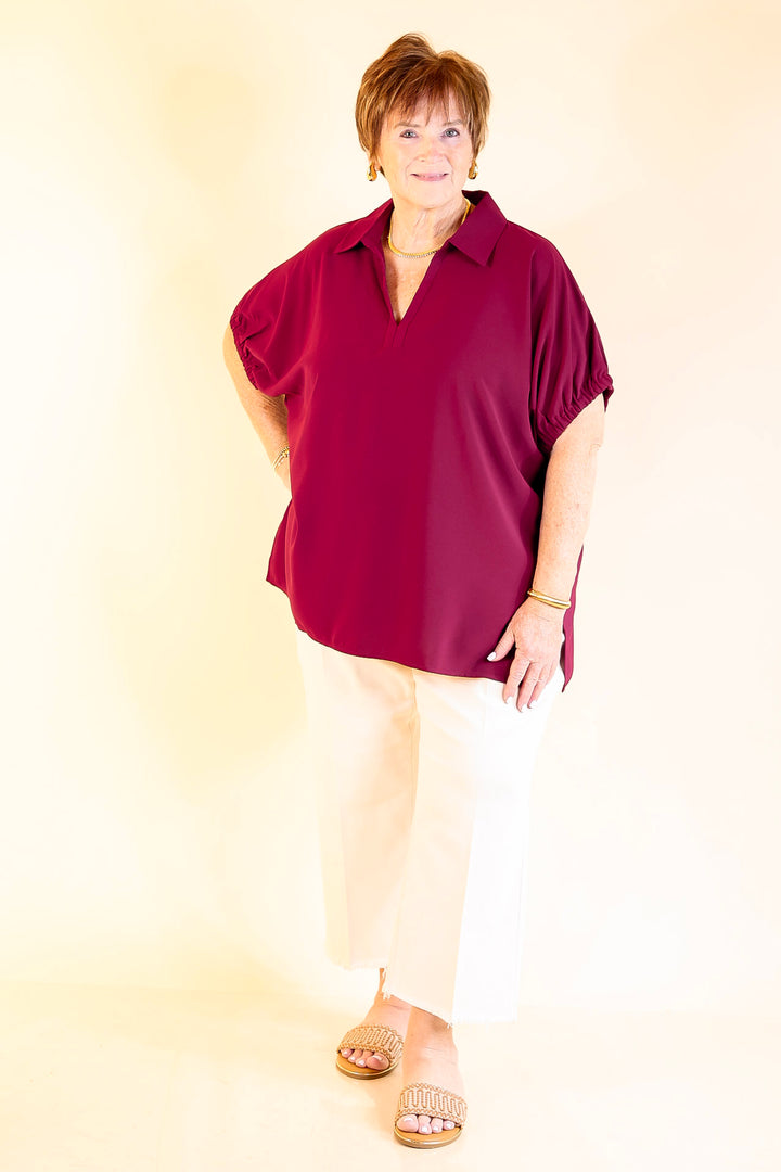 Fresh Start Collared V-Neck Blouse With Drop Shoulder in Maroon